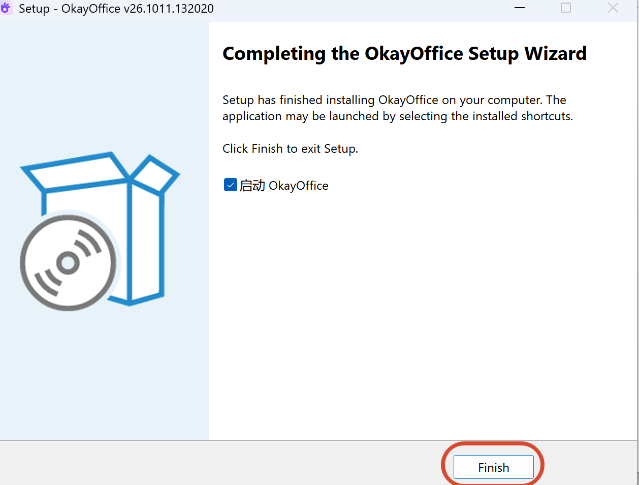 Windows 安装完成页，勾选「启动 OkayOffice」后点击 Finish